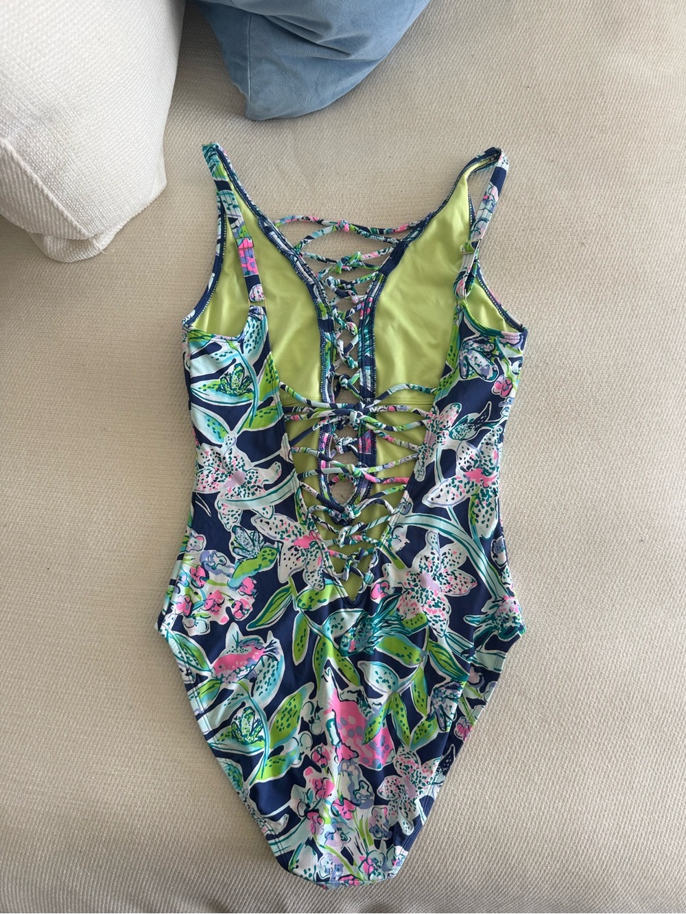 Lilly Pulitzer Isle Lattice One Piece Swim Suit In Deep Sea Navy Sway This Way - Picture 3 of 4